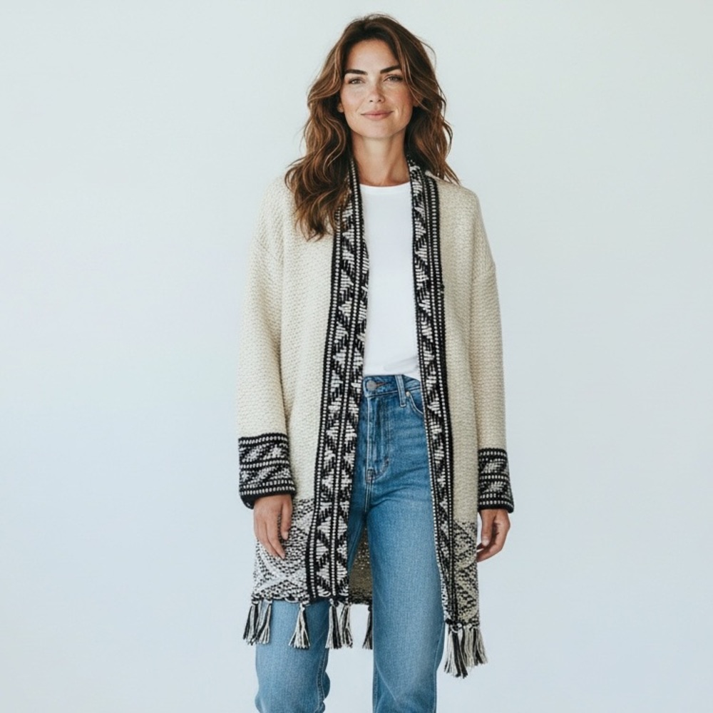 Soft Surroundings Cream + Black Knit Tassel Cardigan — Sweater Cardigan (M-L)